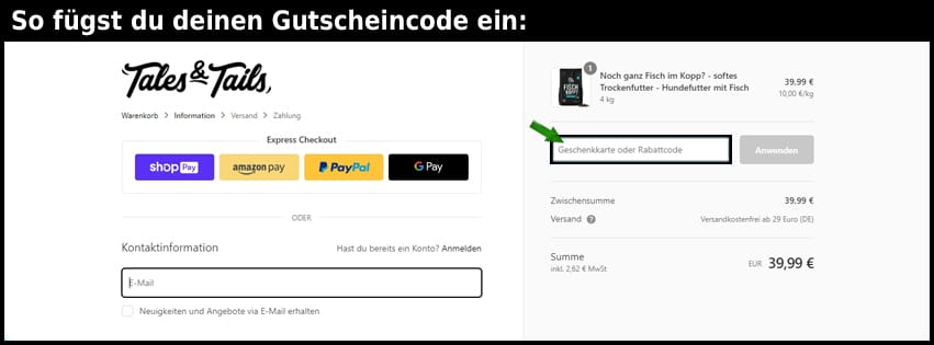 talesandtails Gutschein einfuegen und sparen schwarz