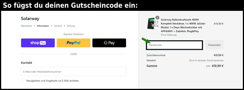 Solarway Gutschein einfuegen und sparen schwarz