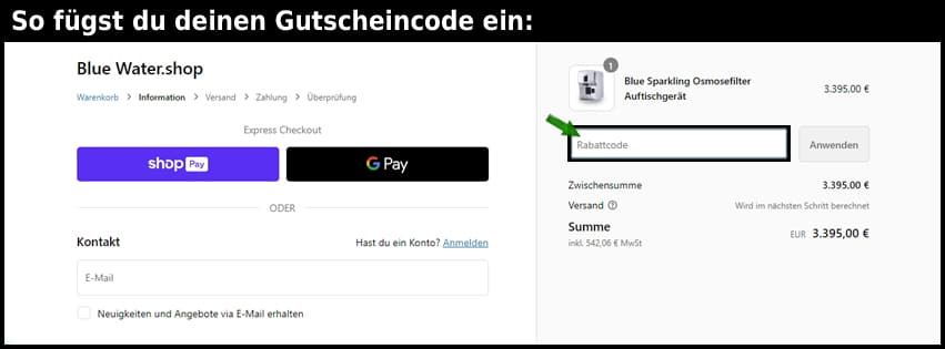 blue-water Gutschein einfuegen und sparen schwarz
