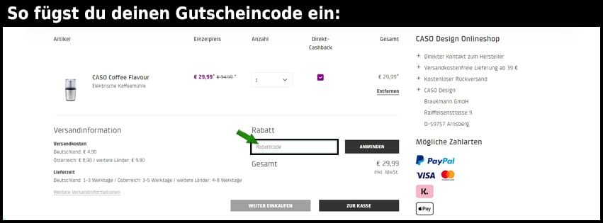 caso-design Gutschein einfuegen und sparen schwarz