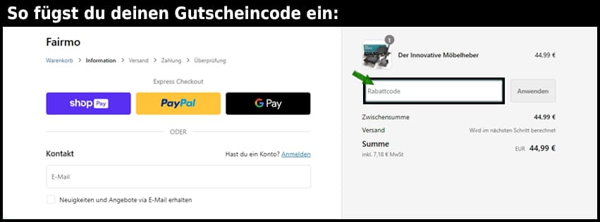 fair-mo Gutschein einfuegen und sparen schwarz
