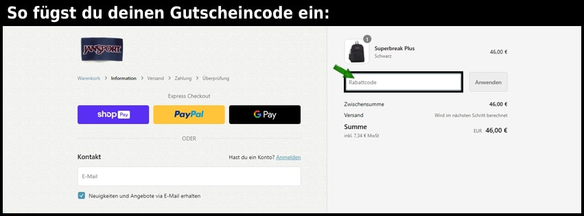 jansport Gutschein einfuegen und sparen schwarz