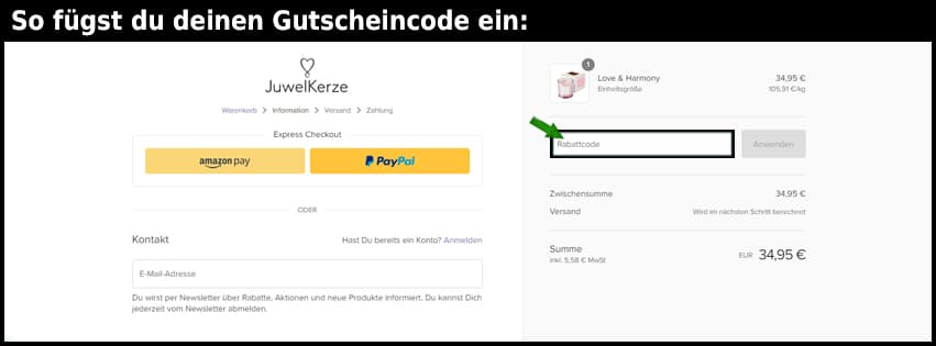 juwelkerze Gutschein einfuegen und sparen schwarz