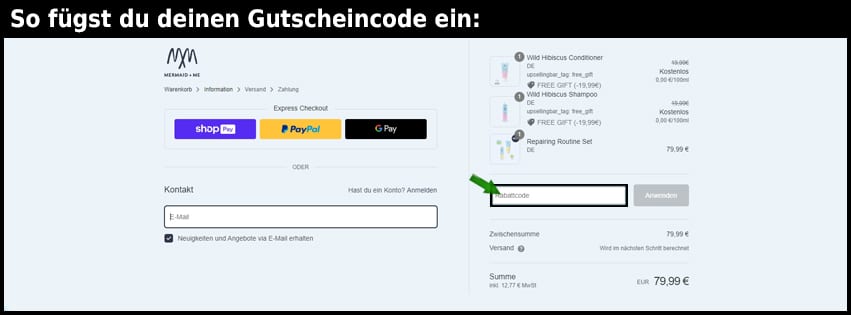 mermaidme Gutschein einfuegen und sparen schwarz
