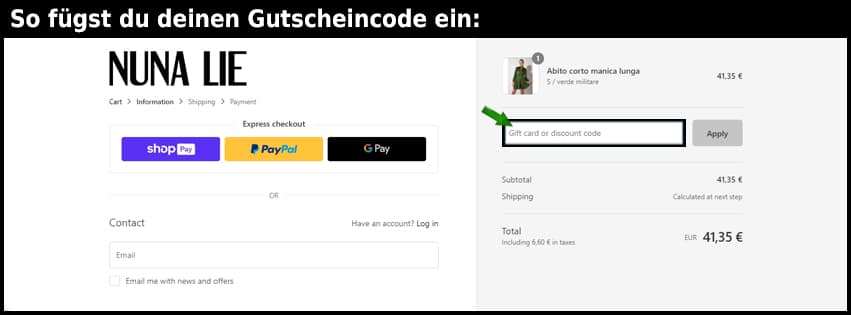 nunalie Gutschein einfuegen und sparen schwarz