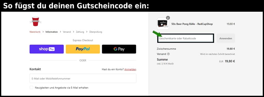 redcupshop Gutschein einfuegen und sparen schwarz