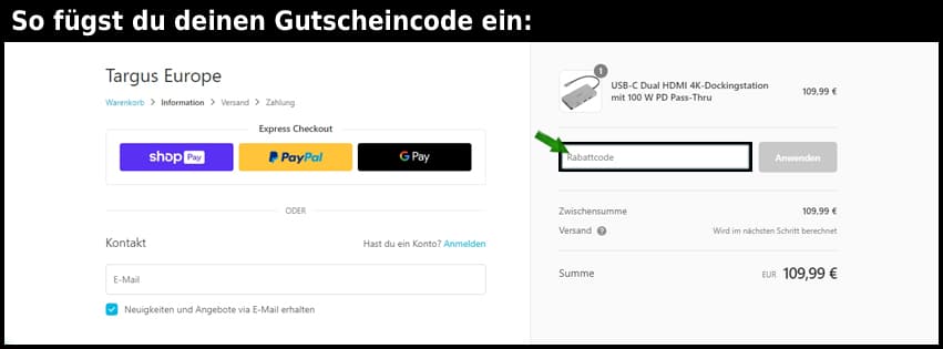 targus Gutschein einfuegen und sparen schwarz