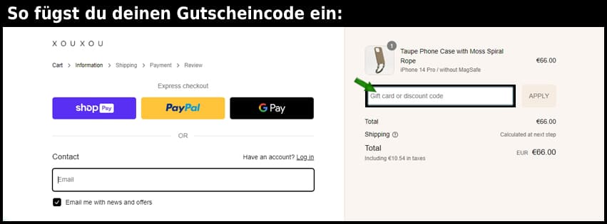 xouxou Gutschein einfuegen und sparen schwarz