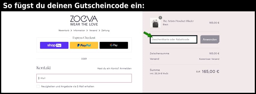 zoevacosmetics Gutschein einfuegen und sparen schwarz
