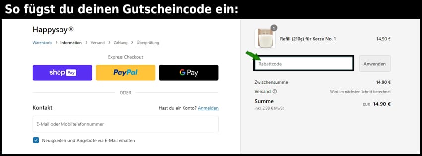happysoy Gutschein einfuegen und sparen schwarz