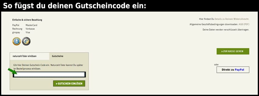 naturzeit Gutschein einfuegen und sparen schwarz