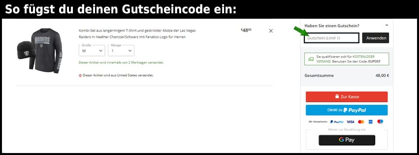 fanatics Gutschein einfuegen und sparen schwarz