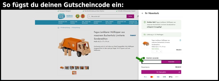 hans-natur Gutschein einfuegen und sparen schwarz