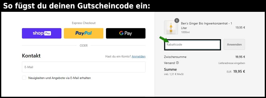 bensginger Gutschein einfuegen und sparen schwarz