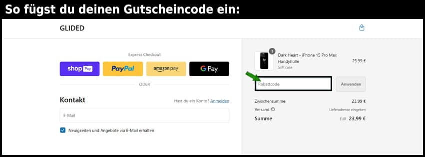 glided Gutschein einfuegen und sparen schwarz