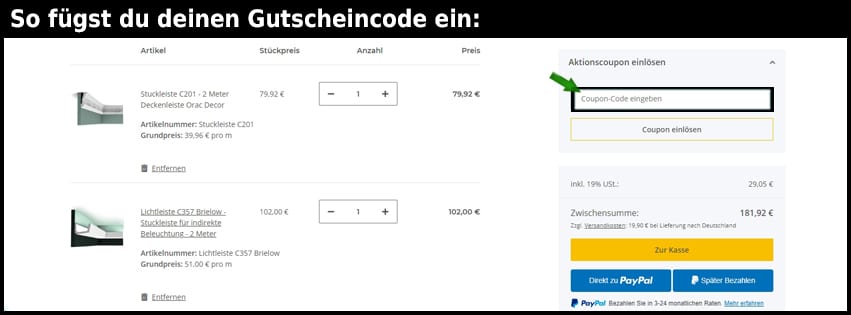 hanse-stuckleisten Gutschein einfuegen und sparen schwarz