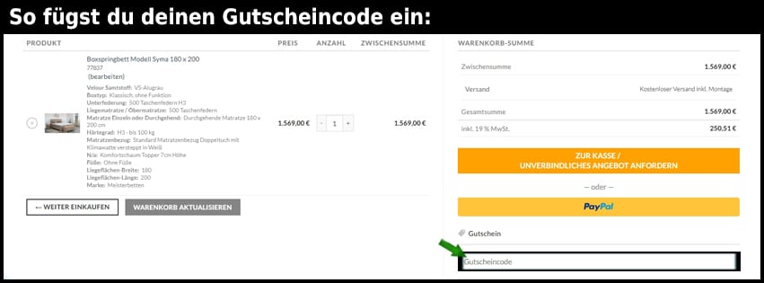 meisterbetten Gutschein einfuegen und sparen schwarz