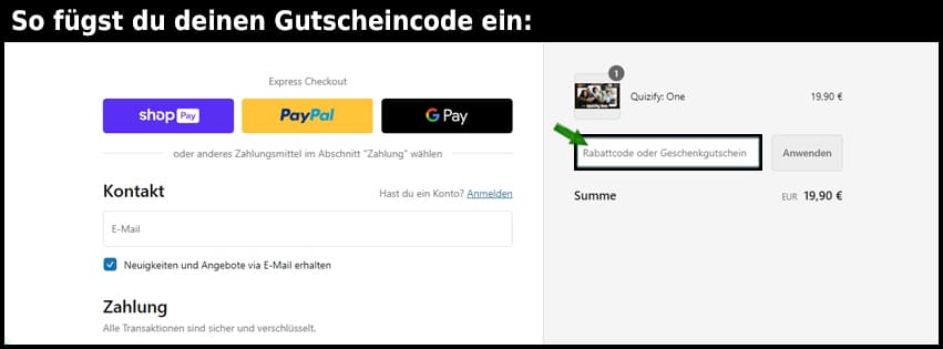 quizify Gutschein einfuegen und sparen schwarz