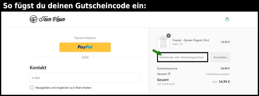 teamvegan Gutschein einfuegen und sparen schwarz