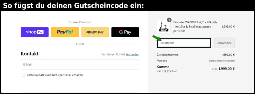 wandler-elektroroller Gutschein einfuegen und sparen schwarz