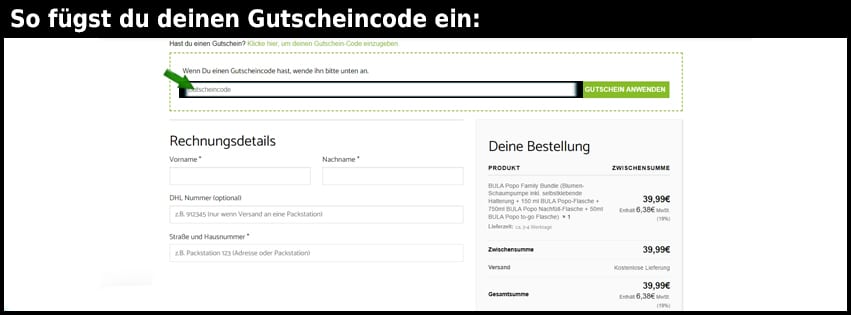 bula Gutschein einfuegen und sparen schwarz