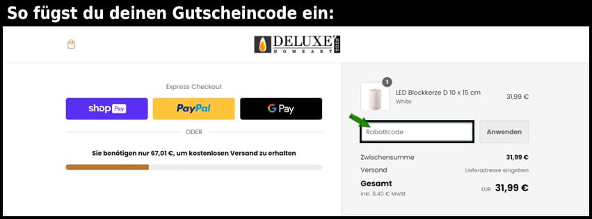 deluxehomeartshop Gutschein einfuegen und sparen schwarz