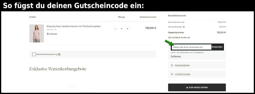 lilysilk Gutschein einfuegen und sparen schwarz