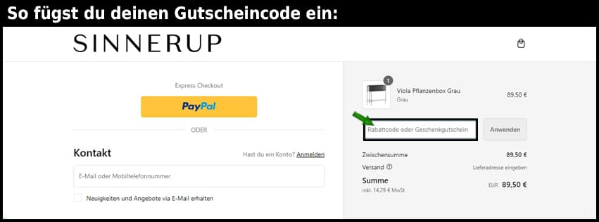 sinnerup Gutschein einfuegen und sparen schwarz