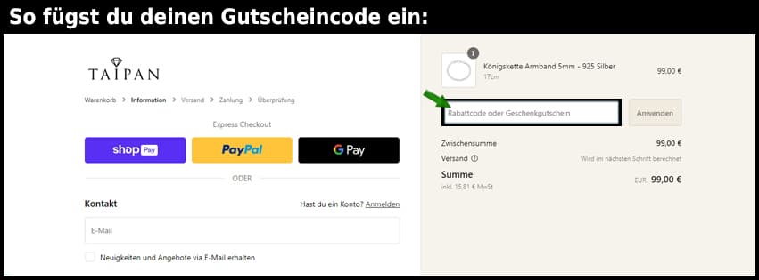taipanschmuck Gutschein einfuegen und sparen schwarz