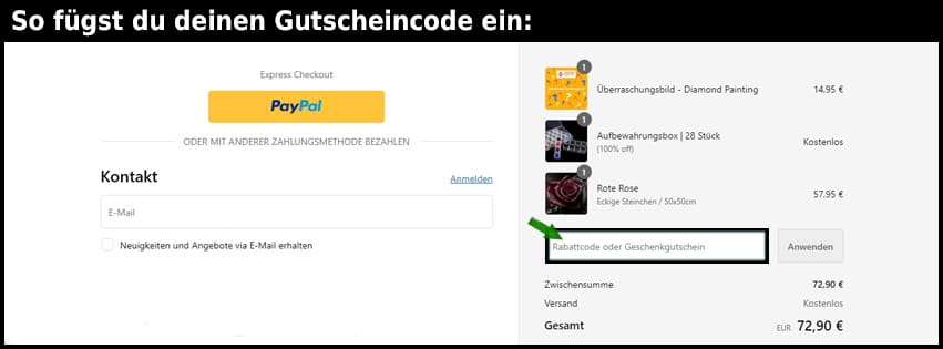 diamondpaintingwelt Gutschein einfuegen und sparen schwarz