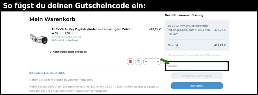 digitalzylinder-shop Gutschein einfuegen und sparen schwarz