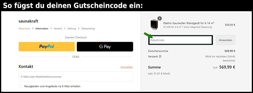 saunakraft Gutschein einfuegen und sparen schwarz