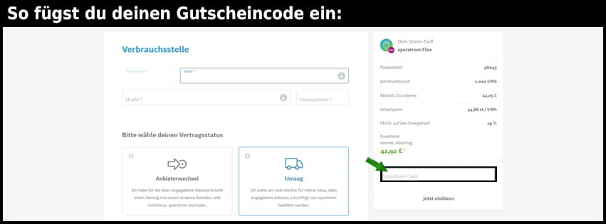 sparstrom.de Gutschein einfuegen und sparen schwarz