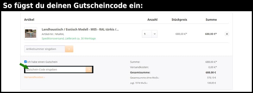 landhaustisch.com Gutschein einfuegen und sparen schwarz