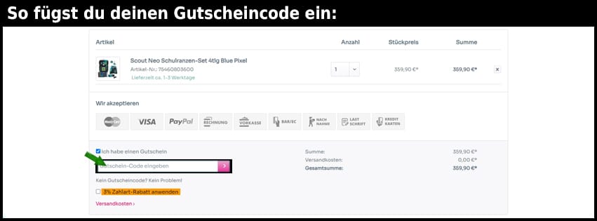 schulranzen-onlineshop Gutschein einfuegen und sparen schwarz