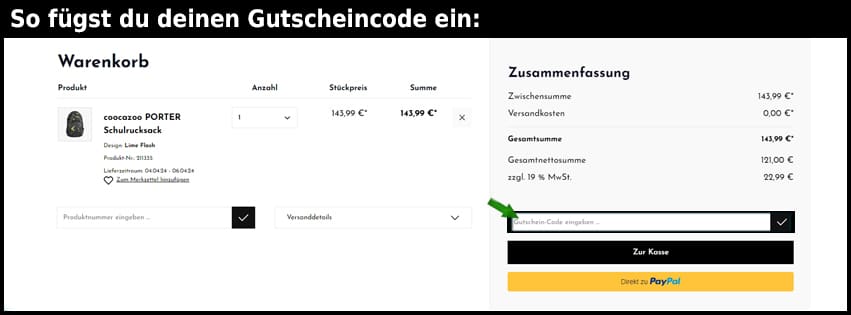 schulrucksack.de Gutschein einfuegen und sparen schwarz