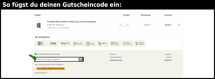 trolley.de Gutschein einfuegen und sparen schwarz
