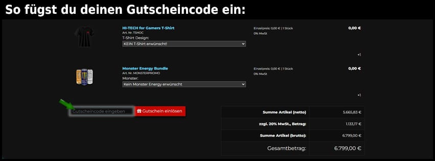 hitech-gamer Gutschein einfuegen und sparen schwarz