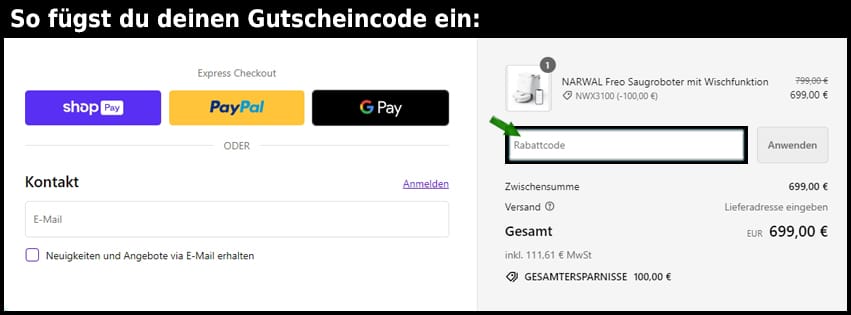 narwal Gutschein einfuegen und sparen schwarz