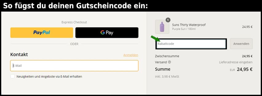 suns-care Gutschein einfuegen und sparen schwarz