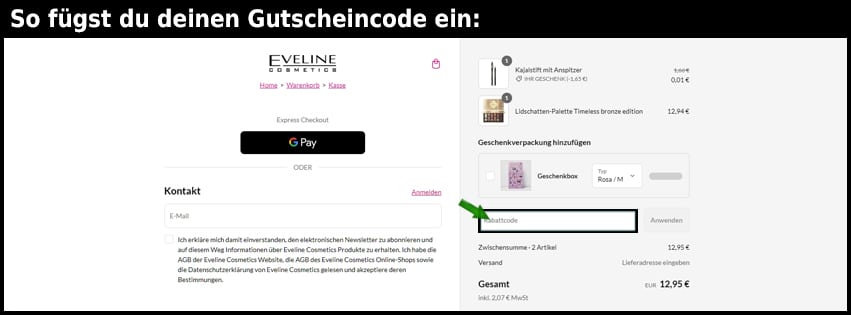 evelinecosmetics Gutschein einfuegen und sparen schwarz
