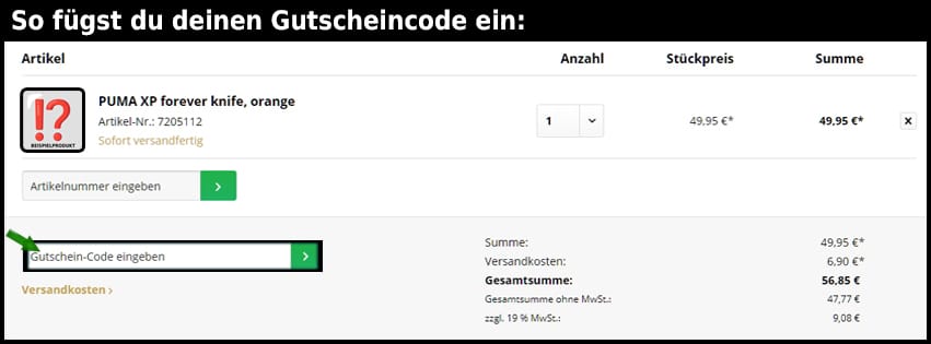 pumaknives Gutschein einfuegen und sparen schwarz