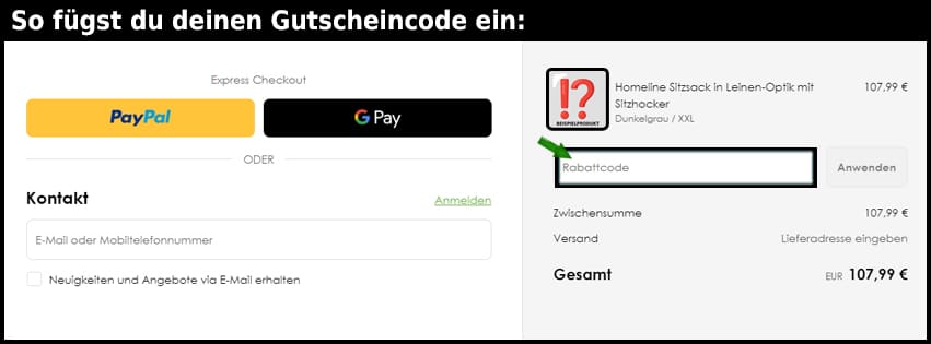sitzsack-shop Gutschein einfuegen und sparen schwarz