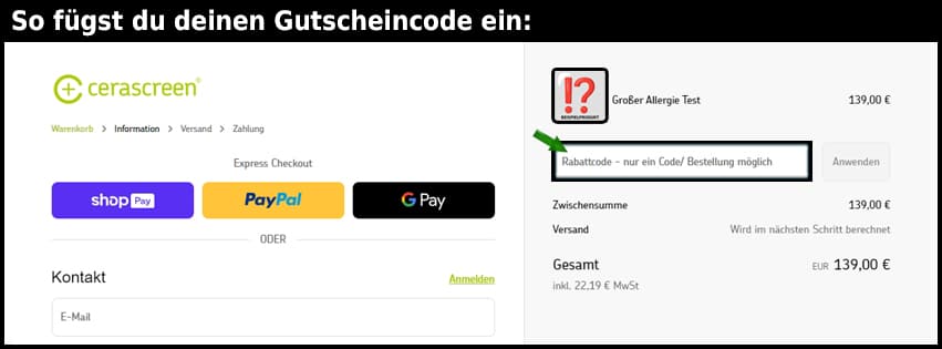 cerascreen Gutschein einfuegen und sparen schwarz