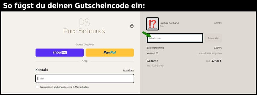 pureschmuck Gutschein einfuegen und sparen schwarz