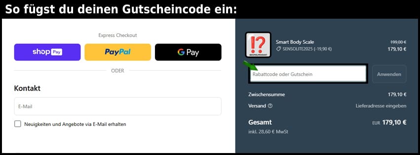 sensolite Gutschein einfuegen und sparen schwarz